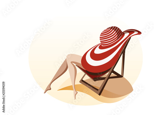 Woman relaxing and sunbathing on the beach. Pretty slim women’s legs stick out from big striped sun hat. Summer holidays vector illustration