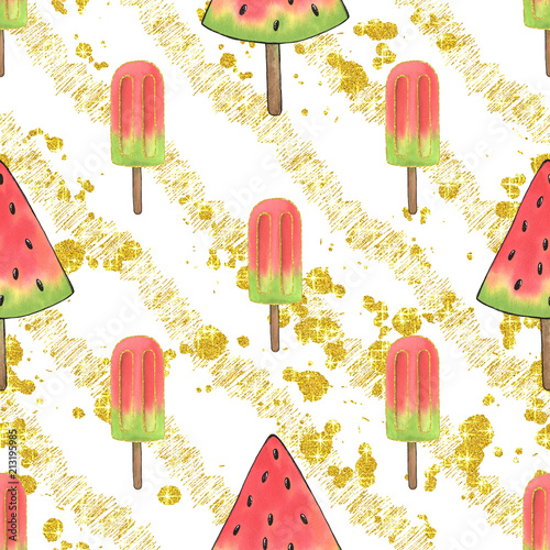 Watermelon watercolor digital paper seamless pattern summer background