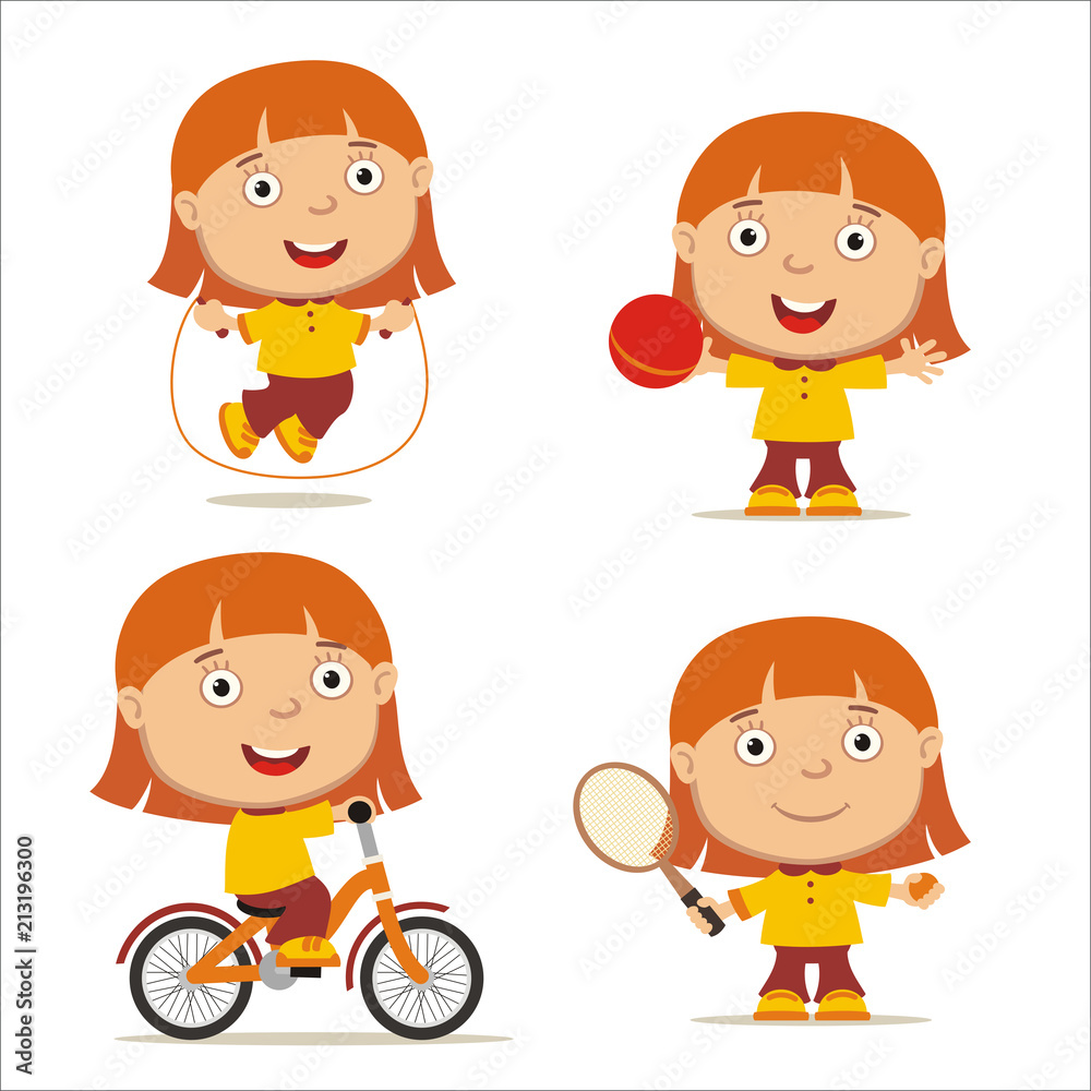 Collection of games of little girl wit red hair: jump rope, bicycle, ball, tennis.