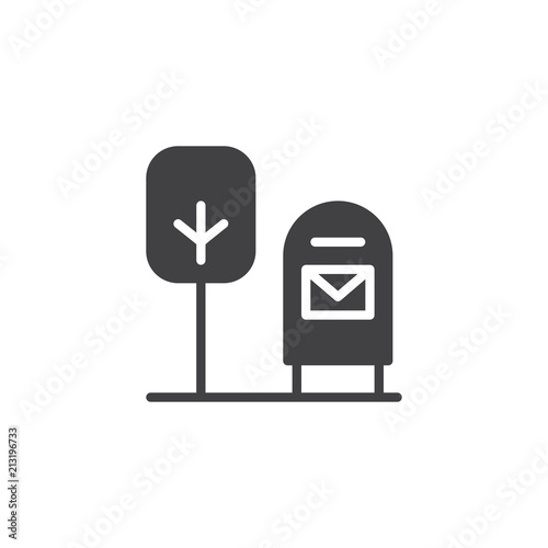 Post box and tree vector icon. filled flat sign for mobile concept and web design. Mail box outdoor simple solid icon. Symbol, logo illustration. Pixel perfect vector graphics