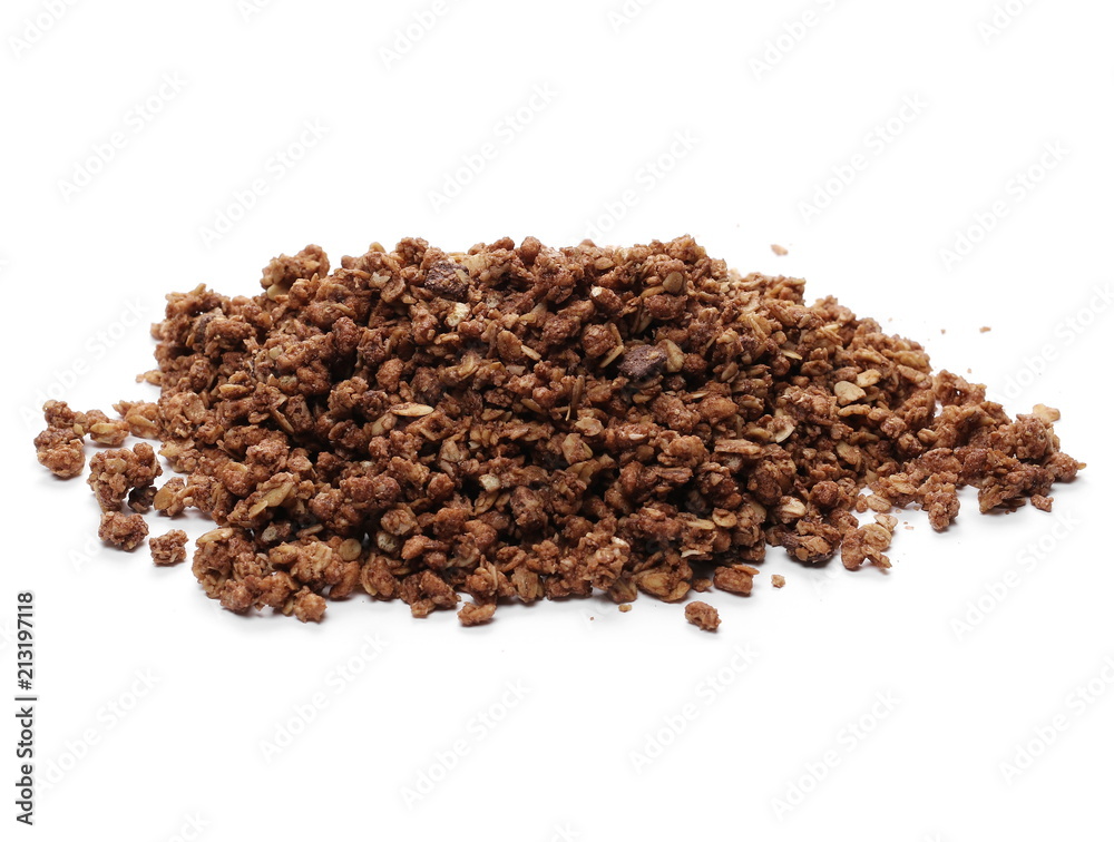 Crunchy chocolate granola, muesli pile isolated on white background Crunchy chocolate granola, muesli pile isolated on white background