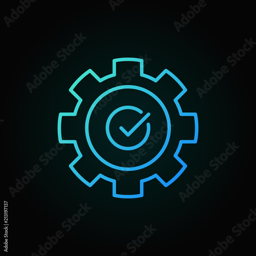 Gear with check mark blue outline vector icon