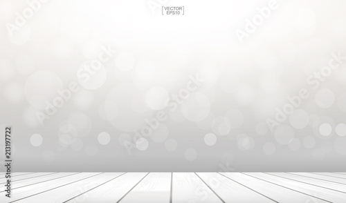 Wooden deck or wooden terrace with light blurred bokeh background used for montage or display product. Outdoor background with perspective wood pattern and texture. Vector.