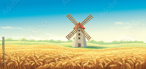 Rural summer landscape with windmill and wheat field. Vector illustration.