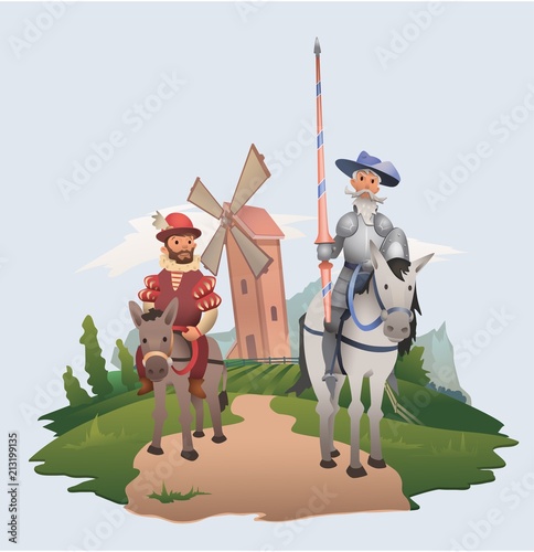 Don Quixote and Sancho Panza riding on windmill background. Literature characters. Flat vector illustration. photo