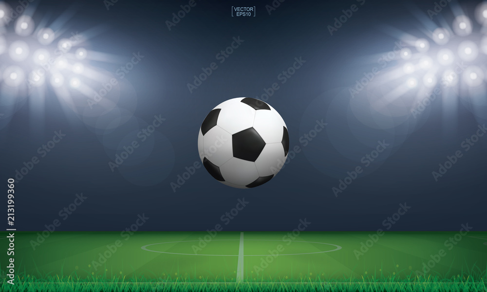 Soccer football ball on green grass of soccer field or football field stadium background. Vector.