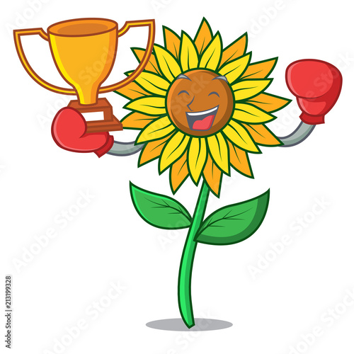 Boxing winner sunflower mascot cartoon style