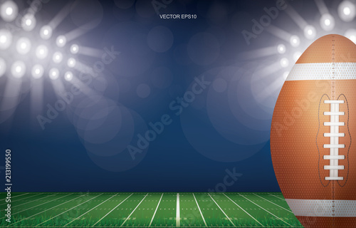 Football ball on football field stadium background. With perspective line pattern of american football field. Vector.