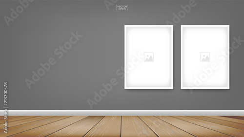 Empty photo frame or picture frame background in room space area with gray wall background and wooden floor. Vector.