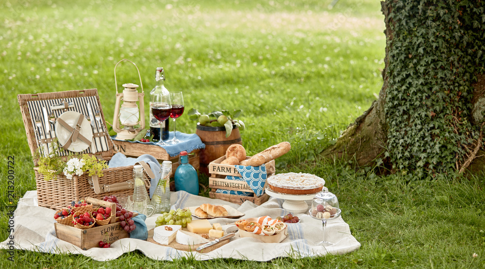Blanket with picnic food set on grass under tree
