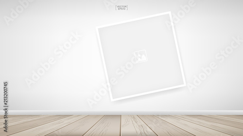 Empty photo frame or picture frame background in room space area with white concrete wall background and wooden floor. Vector.