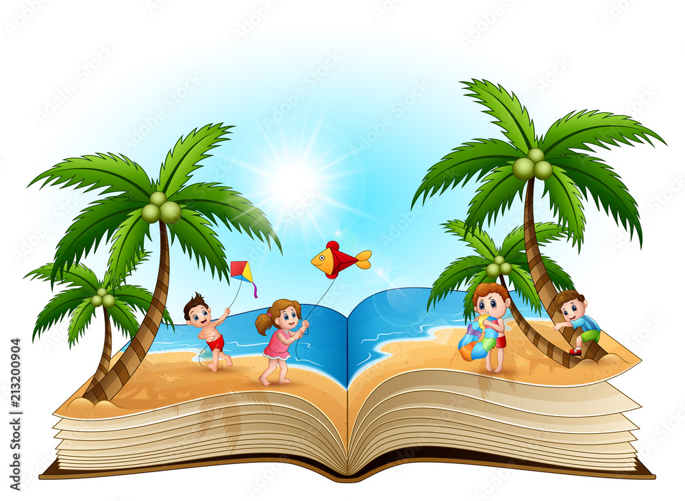 Obraz premium Open book with group of happy children playing on the beach