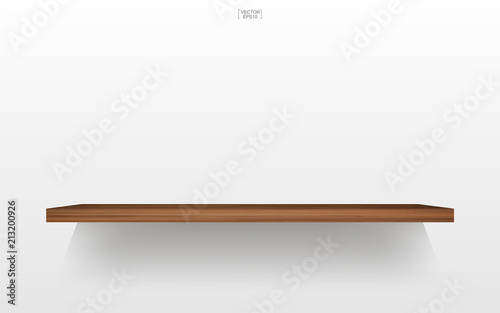 Empty wood shelf on white background with soft shadow. 3D empty wooden shelves on white wall. Vector.