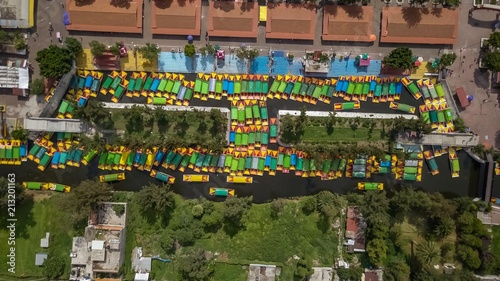 Beautiful aerial view of the Xochimilco Mexico and its traditional boats photo