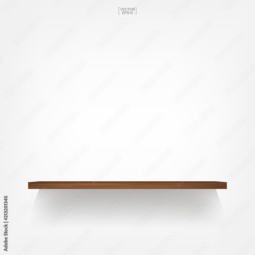 Empty wood shelf on white background with soft shadow. 3D empty wooden shelves on white wall. Vector. Empty wood shelf on white background with soft shadow. 3D empty wooden shelves on white wall. Vector.