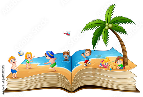 Open book with group of children playing on tropical beach