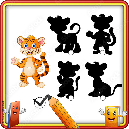 Fototapeta Naklejka Na Ścianę i Meble -  Find the correct shadow. Cartoon funny tiger waving hand. Education Game for Children