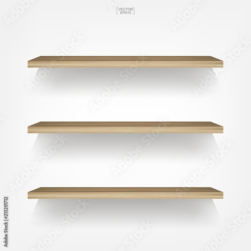 Empty wood shelf on white background with soft shadow. 3D empty wooden shelves on white wall. Vector.