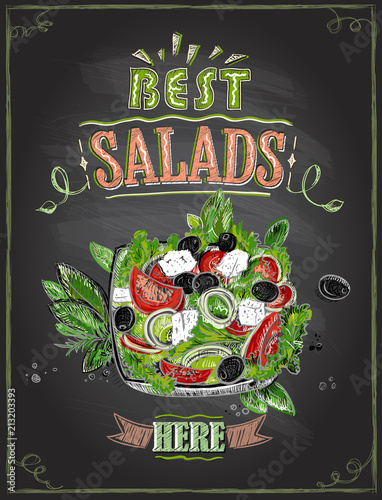 Best salads here, chalkboard menu with greek salad