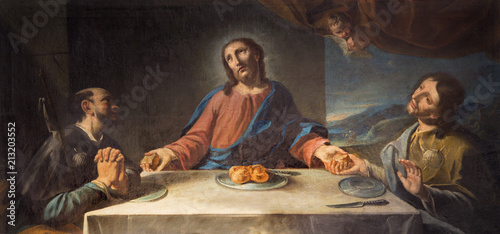 MODENA, ITALY - APRIL 14, 2018: The painting of Supper with two Disciples of Emmaus in church Chiesa di San Pietro by unknown artist.