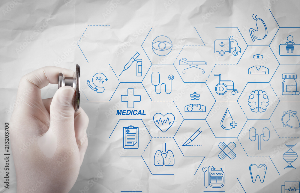 Health care and medical services concept with flat line AR interface.smart medical doctor working with stethoscope. Health care and medical services concept with flat line AR interface.smart medical doctor working with stethoscope.