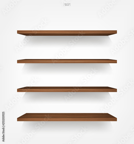 Empty wood shelf on white background with soft shadow. 3D empty wooden shelves on white wall. Vector.