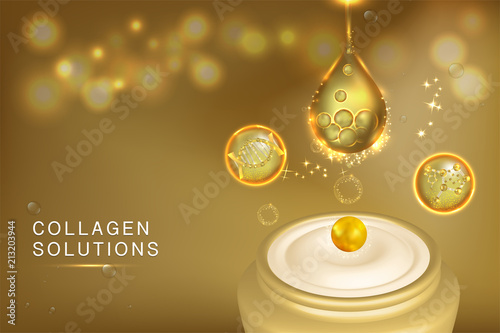 Beauty product, gold cosmetic container close up with advertising background ready to use, luxury skin care ad, vector 3d illustration.	