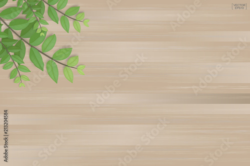 Branches of green leaves on brown wood texture background. Vector.
