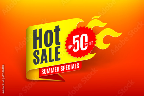 Sales background template design with flame. Hot sale sign.