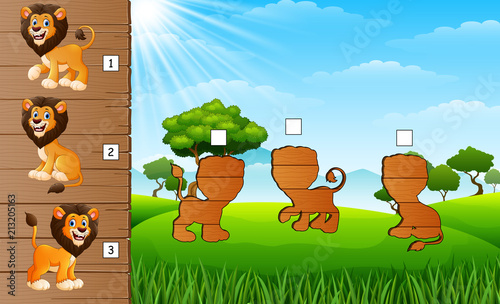 Fototapeta Naklejka Na Ścianę i Meble -  Cartoon Lions collection set. Find the correct shadow on board. Educational game for children