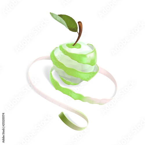The illustration shows a green apple, which was cut in a spiral