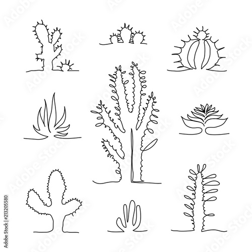 Set of isolated black sketch cactus. One line drawing cactus. 