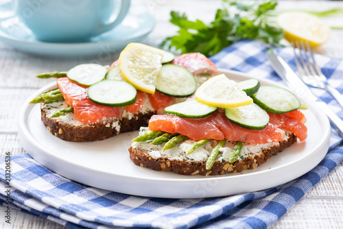 Salmon sandwiches with asparagus, cream cheese and cucumber on white plate. Closeup view