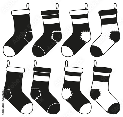 Black and white 8 xmas stocking silhouette set