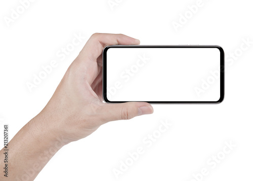 hand holding horizontal the black smartphone with white screen with clipping path