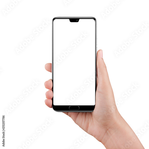 Isolated female hand holding a cellphone with clipping path