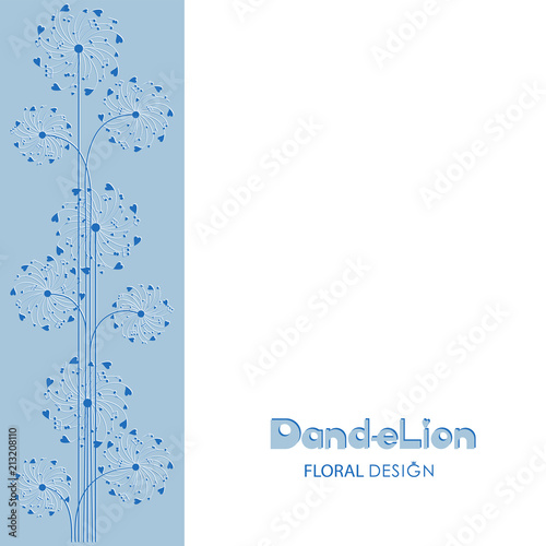 Ornament of dandelions on a light blue background. Flower Design. Musical dandelion from hearts and notes. Poster, card. The word and the silhouette of a dandelions on a blue and white background. 