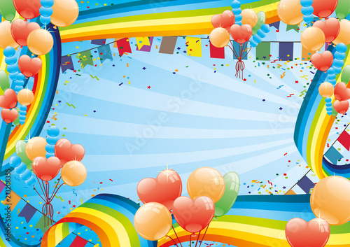 Holiday banner with rainbows and balloons on a blue background.