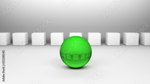 Grüne Kugel im Vordergrund vor einer Reihe weißer Würfel. Symbol für einen Anführer oder Differenz