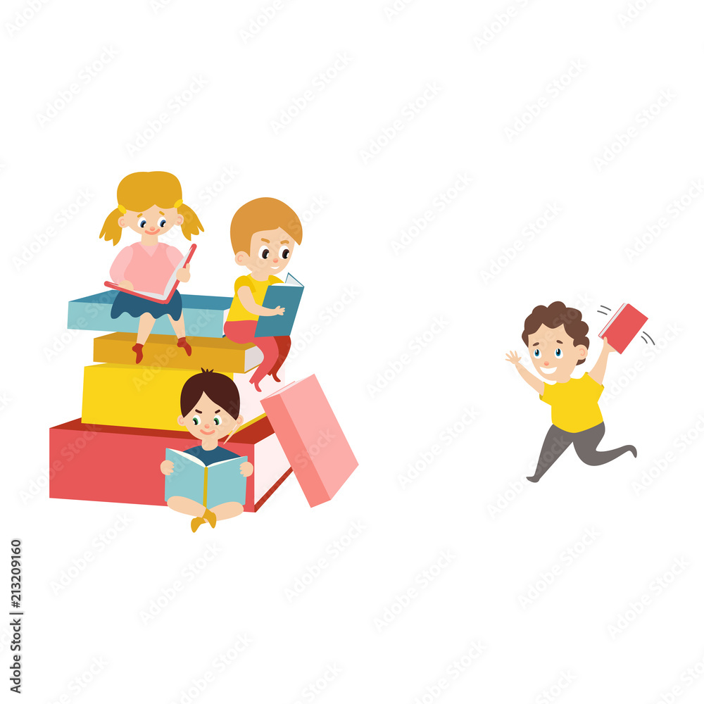 Vector cartoon small blonde girl, female school character, boy kid sitting at big book pile heap reading textbook smiling. Preschool child student, education literature concept. Isolated illustration Vector cartoon small blonde girl, female school character, boy kid sitting at big book pile heap reading textbook smiling. Preschool child student, education literature concept. Isolated illustration