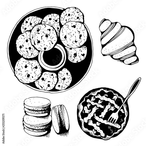 Bakery, sweet pastry vector set, hand drawn vector illustration: cookies, croissant, macarons, pies isolated on white background