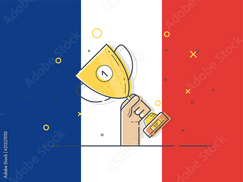 Gold cup for France. Hand holding winner's trophy award. Trendy flat vector on white background. Vector Illustration. 