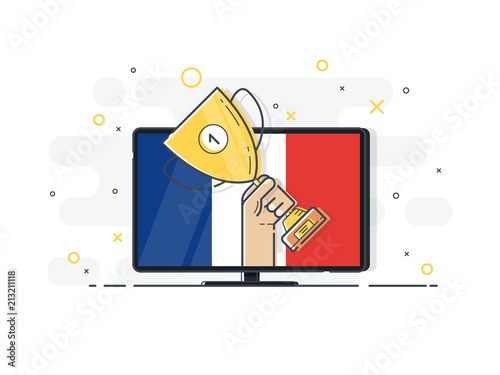 France soccer match on TV set. Gold cup in hands. Hand holding winner's trophy award. Trendy flat vector on white background. Vector Illustration. 