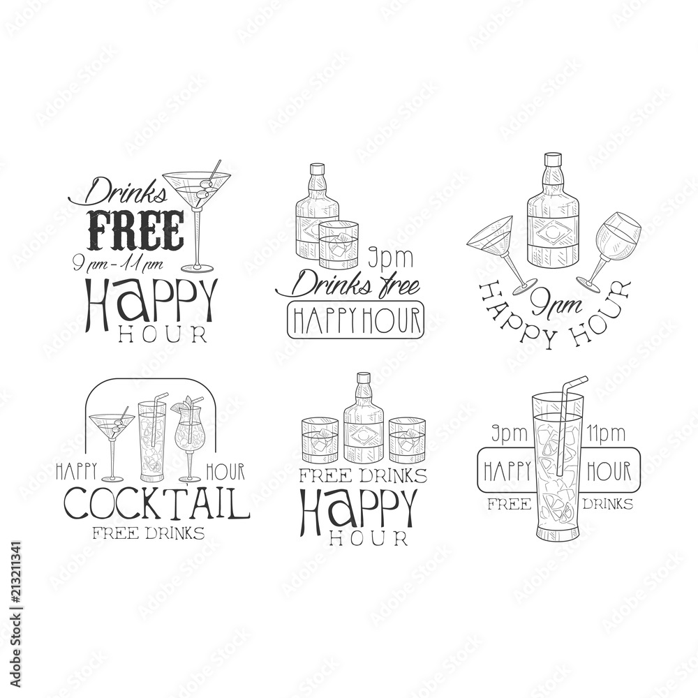 Vector set of black and white logos for cafe or cocktail bar. Hand drawn emblems with bottles and glasses with drinks. Alcoholic beverages