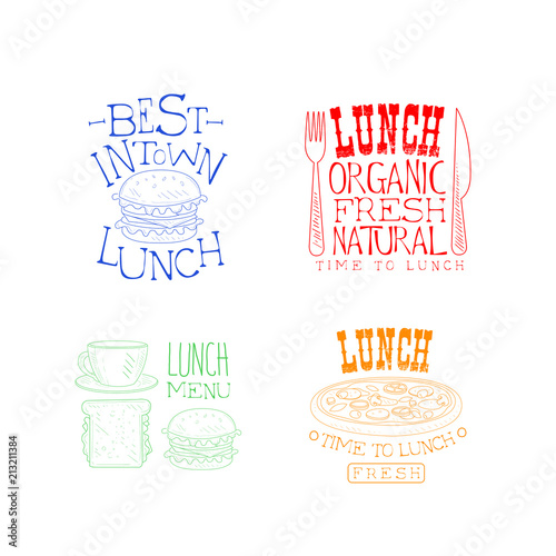 Creative hand drawn lunch logos. Organic and tasty meal. Vector emblems with fast food, cup of coffee, knife and fork in different colors