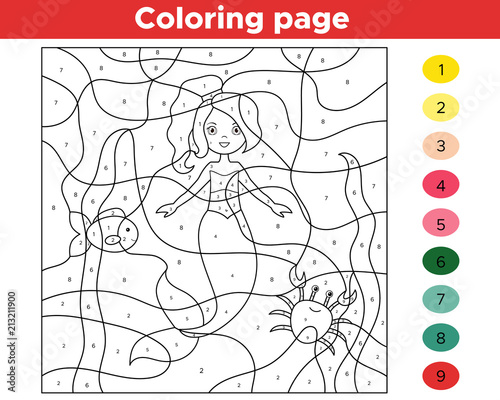 Color by numbers. Cartoon mermaid with fish and crab. Underwater theme. Activity page for kids. Educational game. Vector illustration