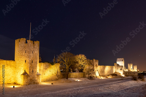 Visby Old Town Walls during winter night