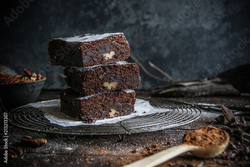 Close up of chocolate brownie on cooling rack