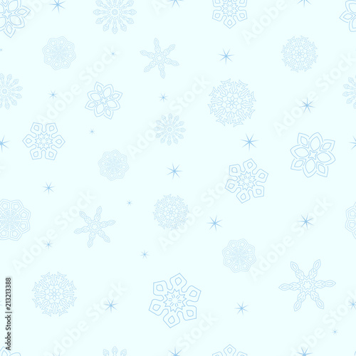     Snowflakes. Seamless vector pattern. Winter festive background. Light blue snowflakes various form and sizes.
