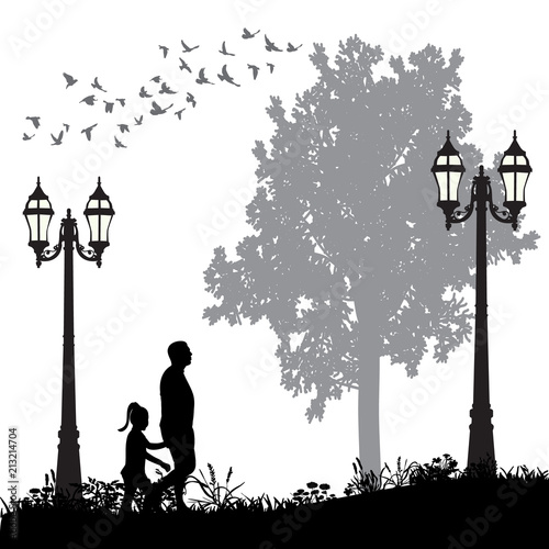 silhouette of people walking in the park vector